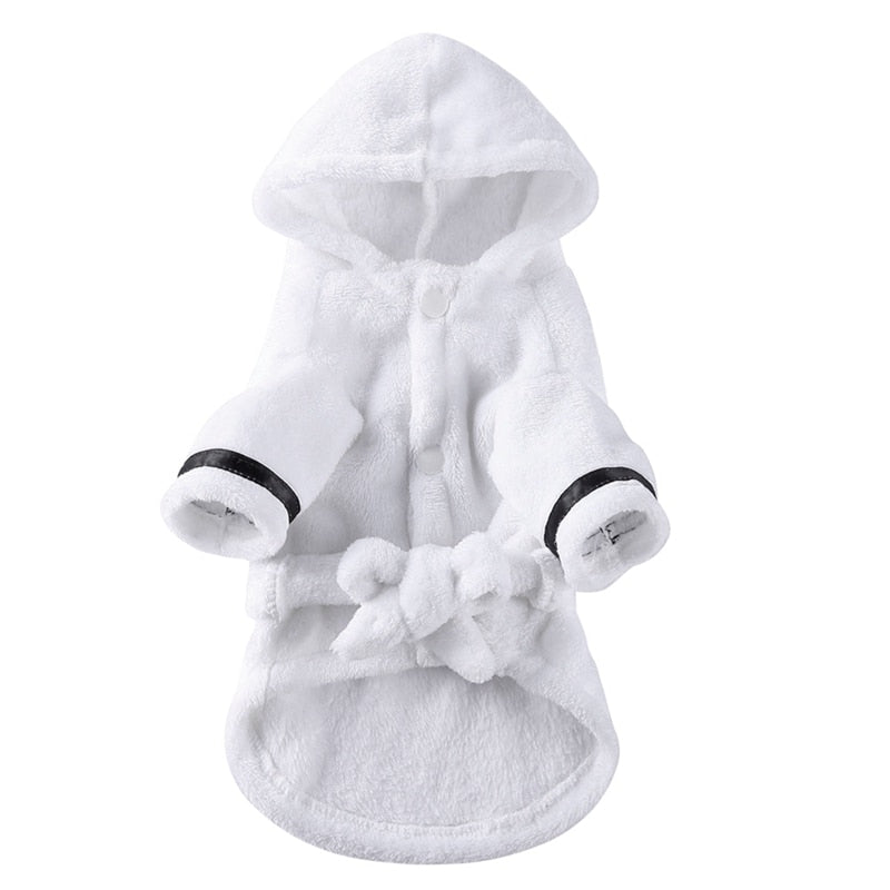 White plush dog bathrobe with hood