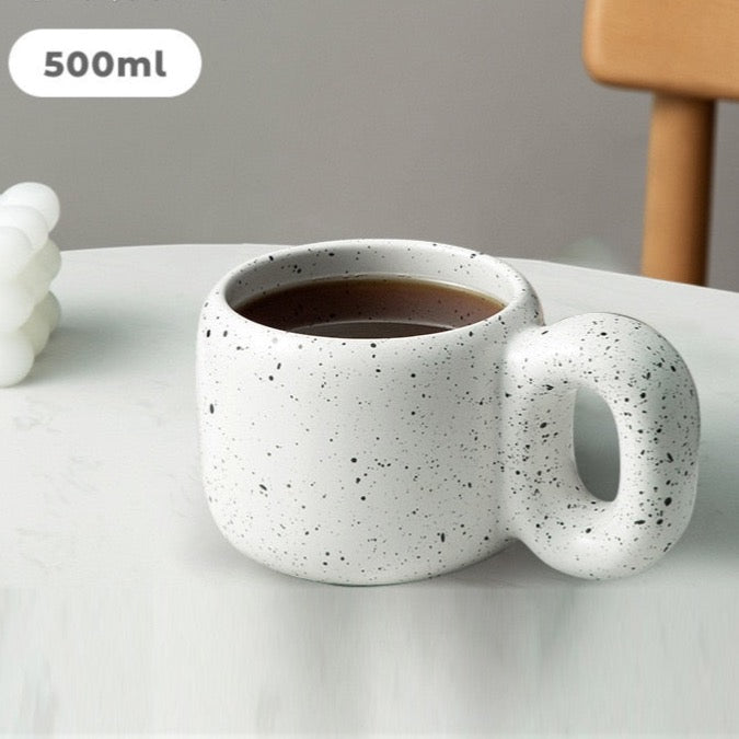 White, black speckled chunky handle ceramic mug 