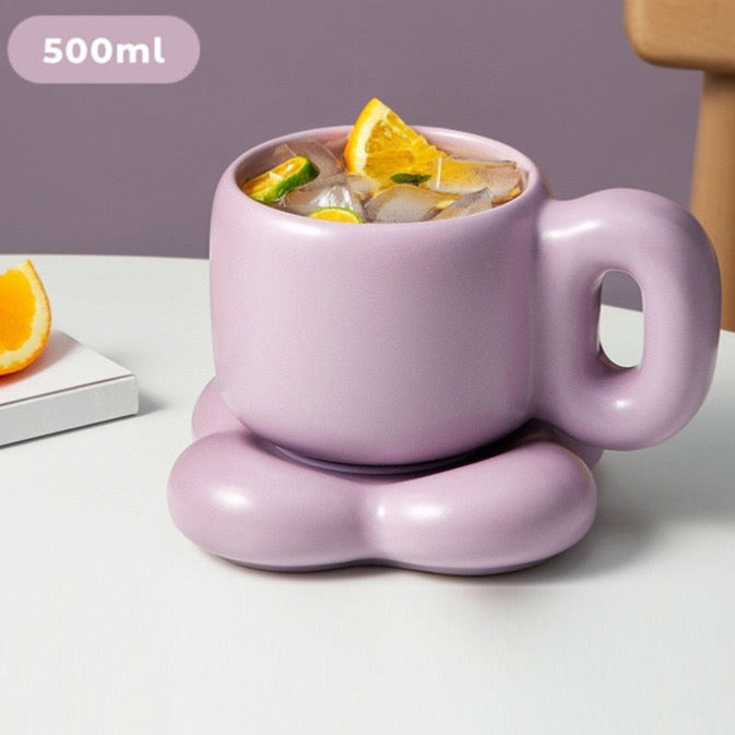 Purple chunky handle ceramic mug with matching plate